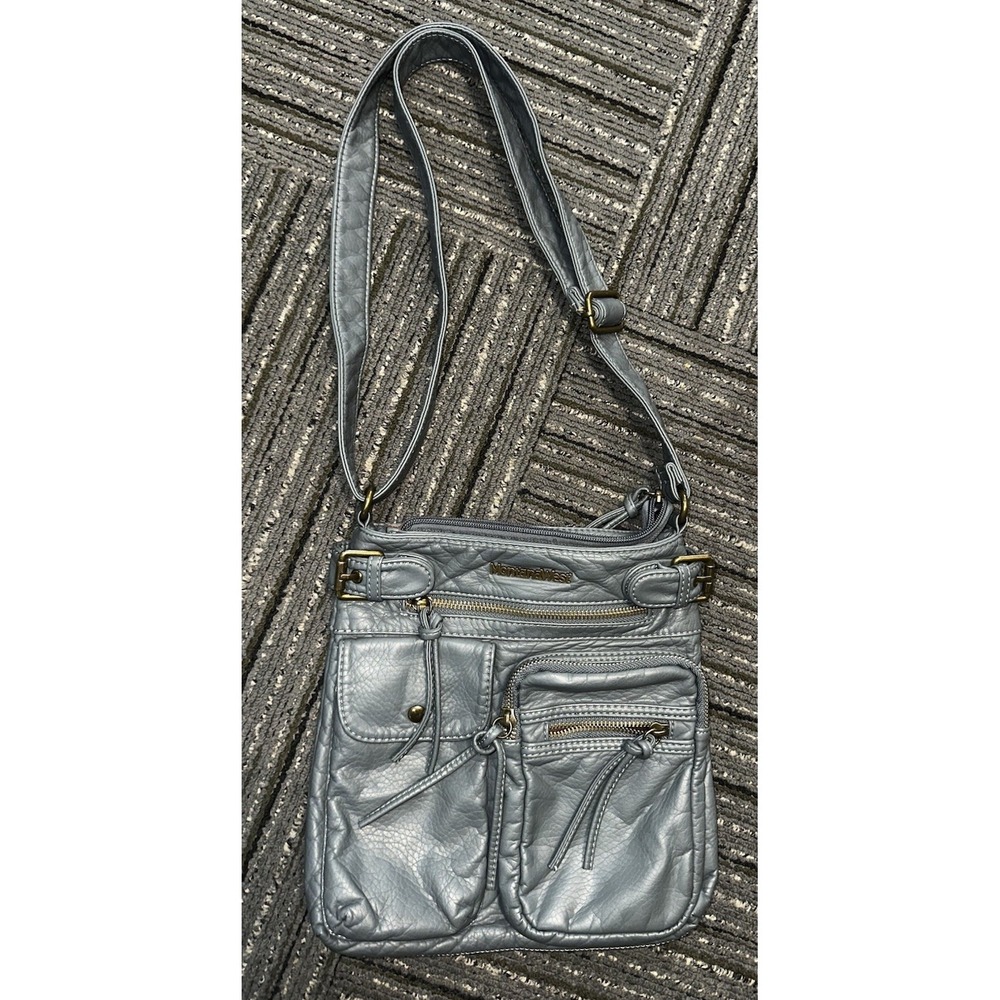 Montana West Blue Soft Stoned Washed Leather Multi Pocket Shoulder Crossbody Bag